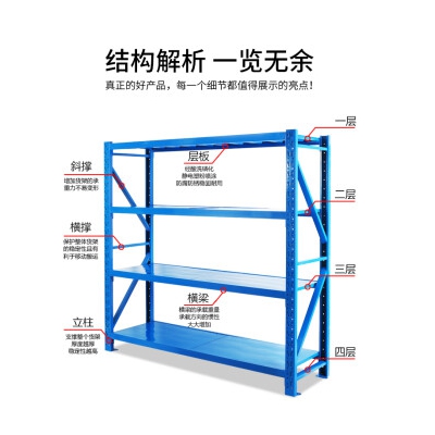 时通货架仓储置物架多层货物展示架超市钢制储物架仓库阳台铁货架子轻型150KG白色1200*500*2000mm四层主架